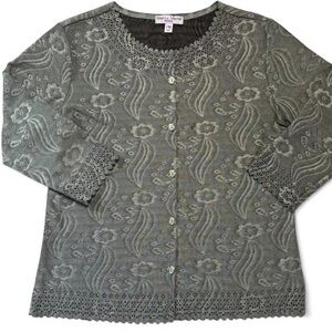 Rebecca Malone Petites PM Lace Trim Floral Knit Cardigan Top Green Button Front